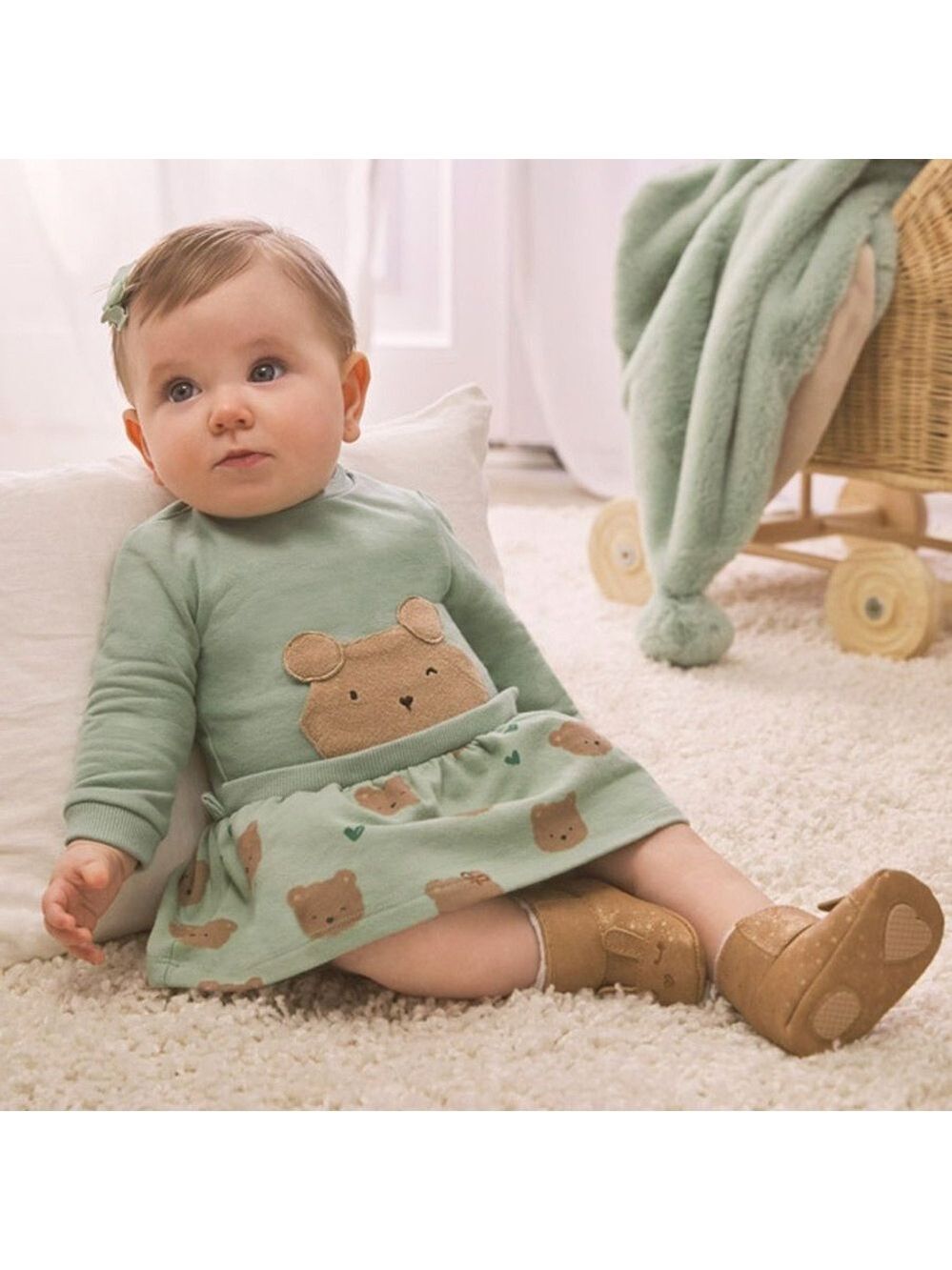 Size 4-6 months Mayoral Mint Green Bear Print Dress with Tan Shoes